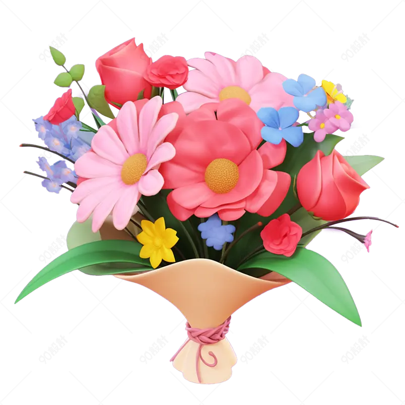 各式各样美丽花朵的花束手捧花3D渲染免抠素材图