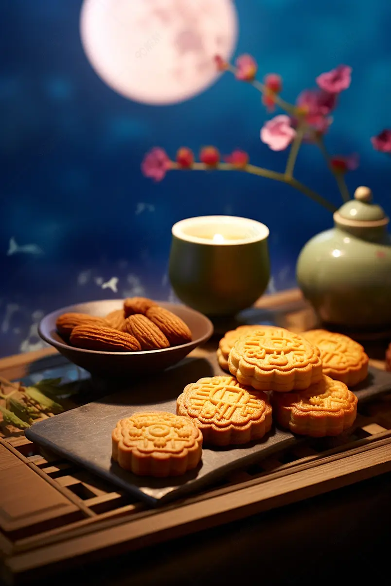 茶杯圆月小吃中秋节月饼海报素材