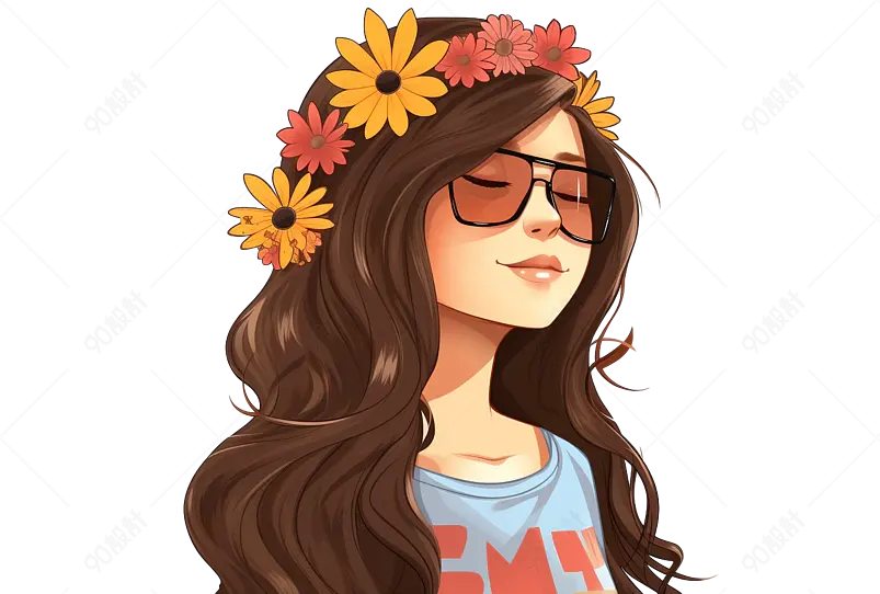 向日葵时尚漂亮墨镜女孩卡通手绘