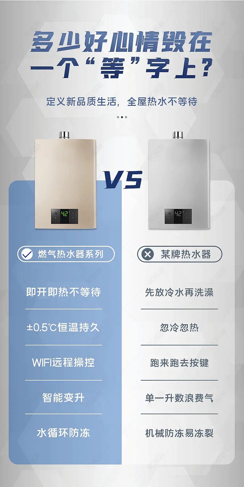 天猫京东家居数码家电简约高级灰清凉热水器产品对比详情页