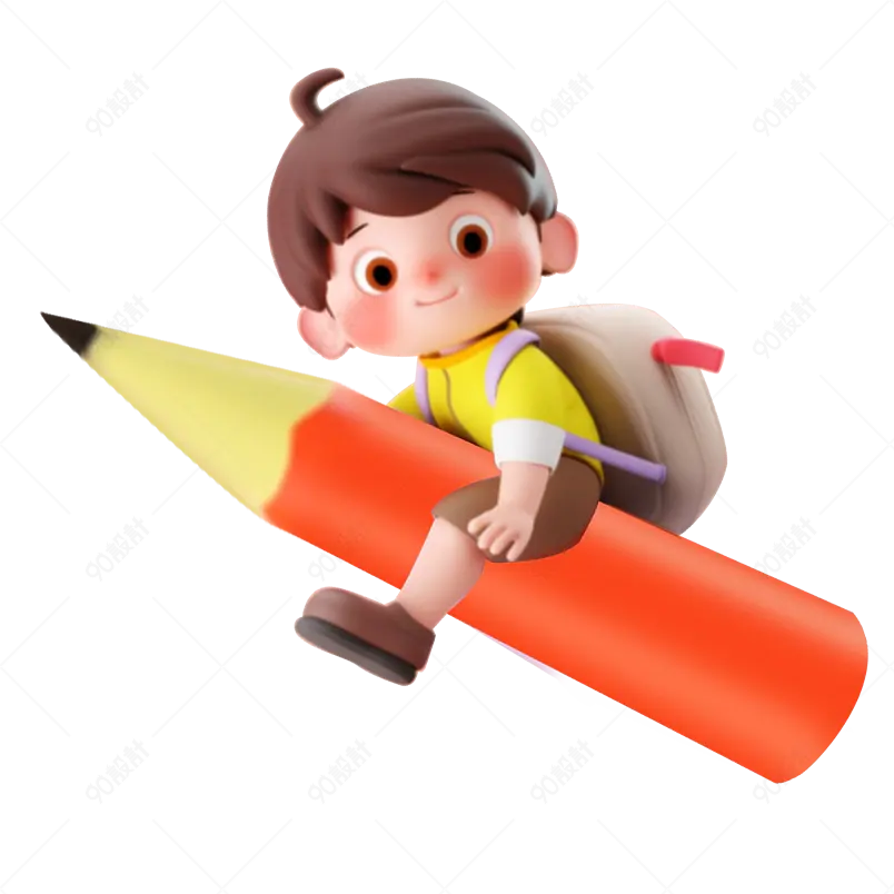 开学季小孩子骑在巨大的红色铅笔上飞翔