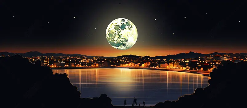 海上明月夜景灯火月亮思念中秋节团员