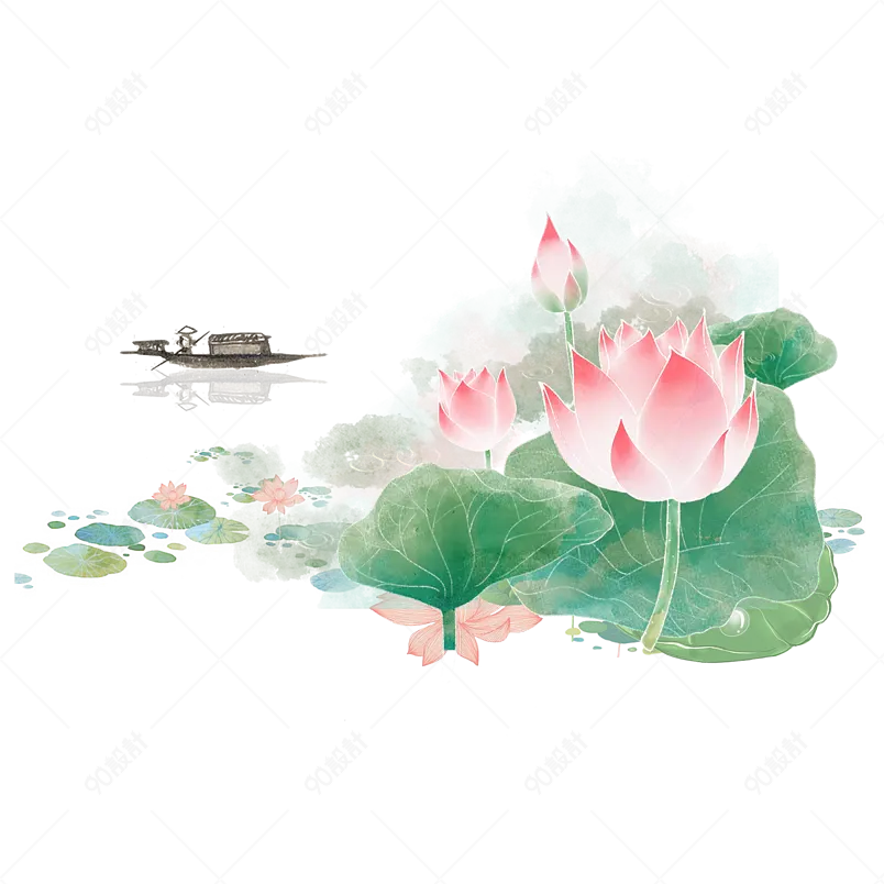 手绘中国风荷塘月色水墨古风荷花免抠元素