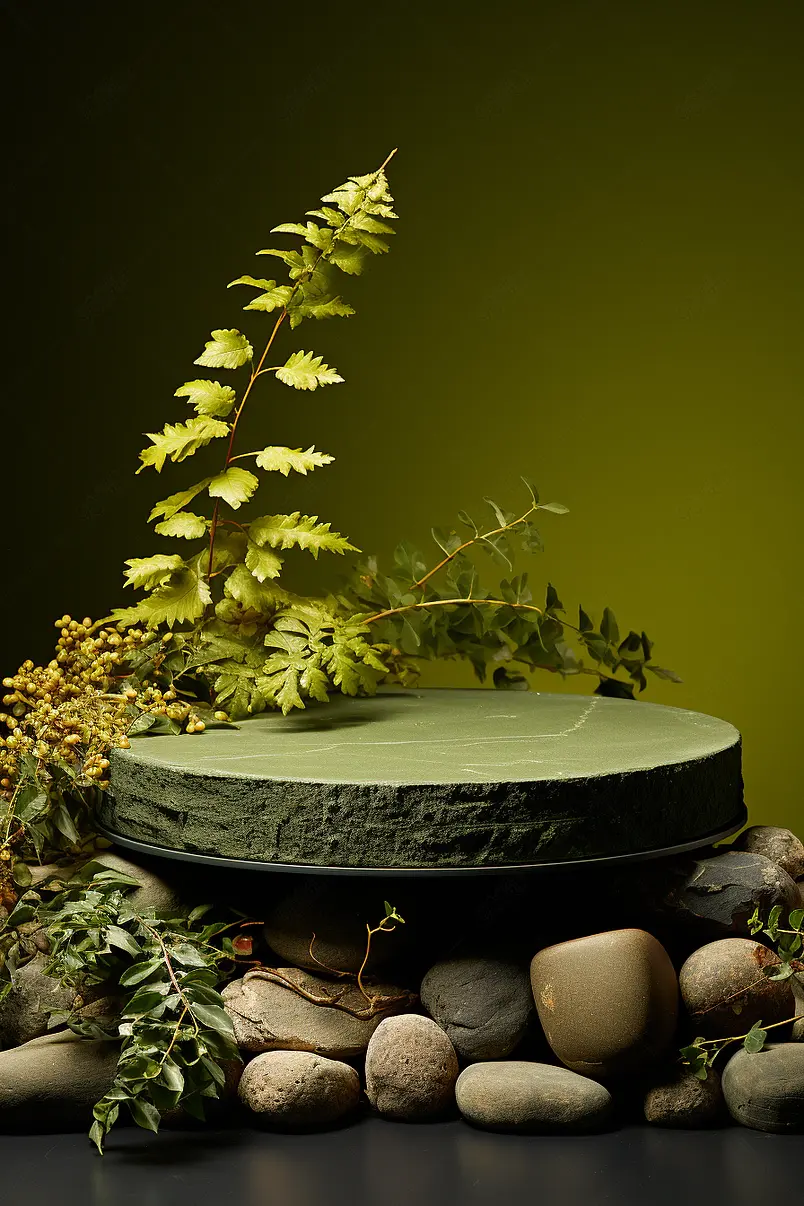 小清新绿色场景图绿色台子鹅卵石植物搭配场景