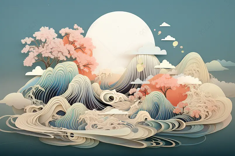 传统国潮中国风景山水插画元素背景