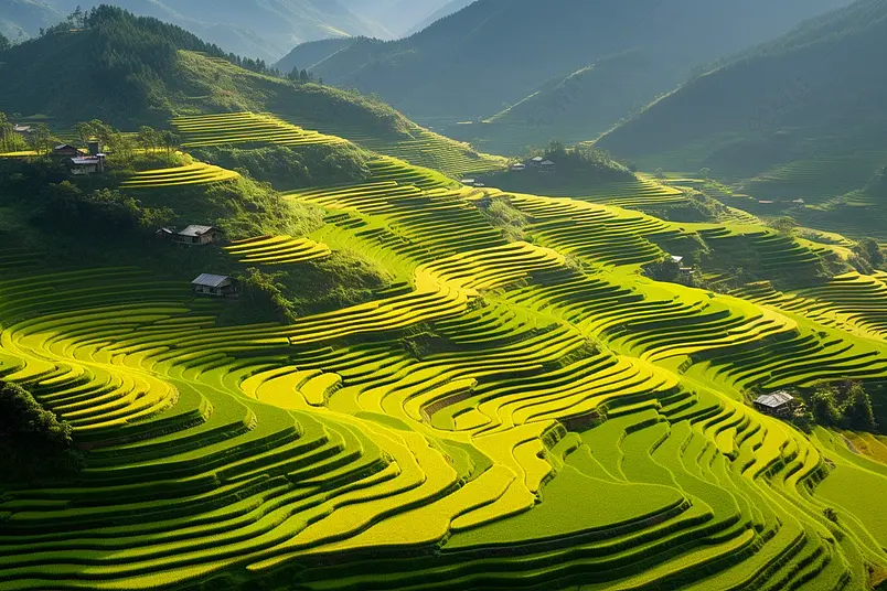 壮丽稻田梯农村或地区绿色业田亚洲和越南日落时山峰谷的空中最高景象自然观背