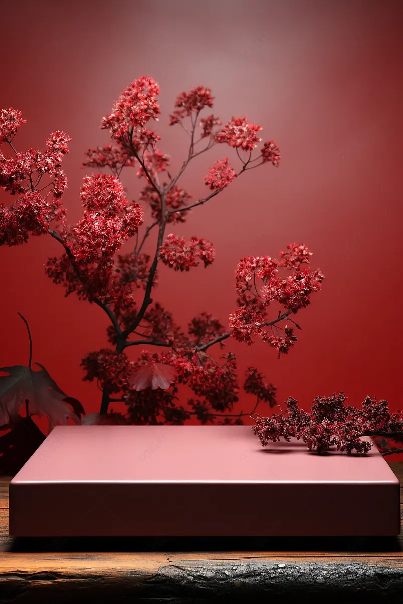 C4D红色电商产品展台秋上新红色植物海报场景