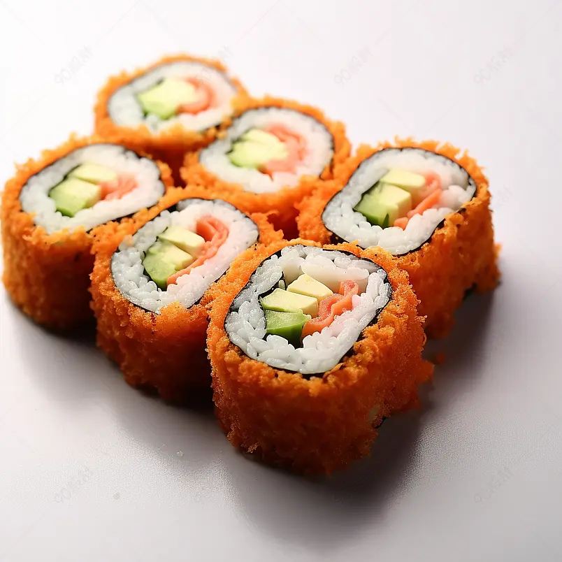 寿司卷配飞鱼鱼子酱，螃蟹，鳄梨，黄瓜，奶油芝士。加州卷。日本的食物。亚洲美食。海鲜菜肴。白色背景。前视图。本空间