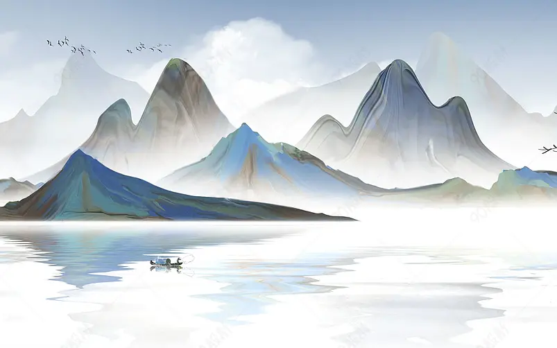 中国风手绘意境风景山水插画背景设计