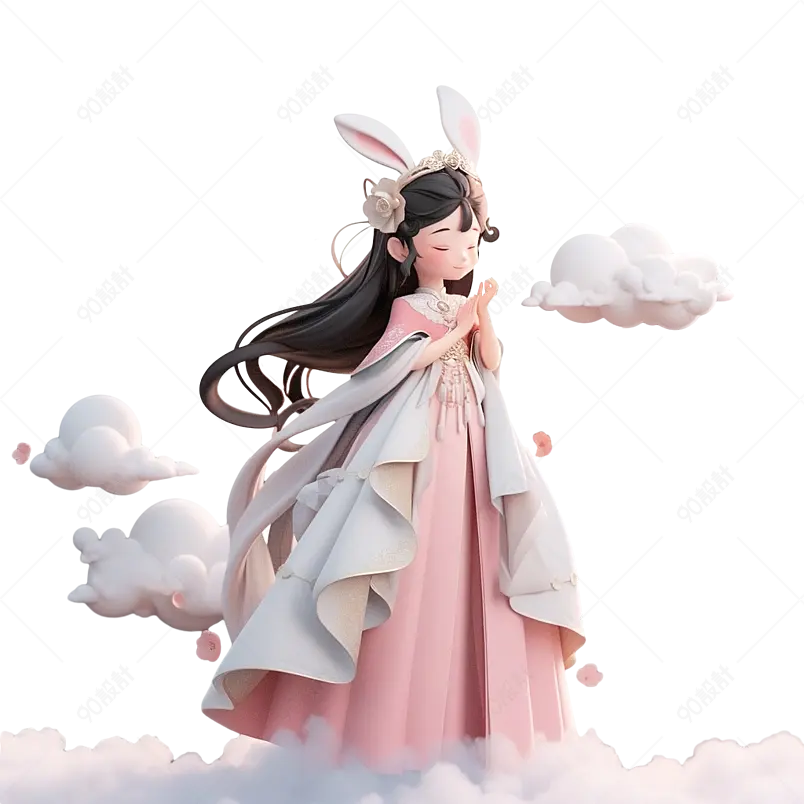 站在漂浮3D云彩上嫦娥中秋节朵朵白云