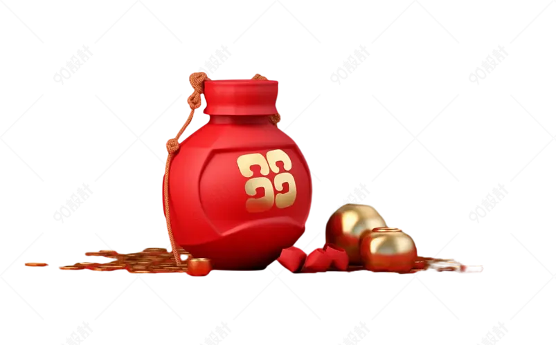红色福袋金币3D渲染装饰元素