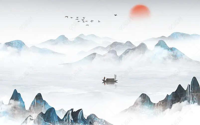 中国风手绘风景山水插画背景设计