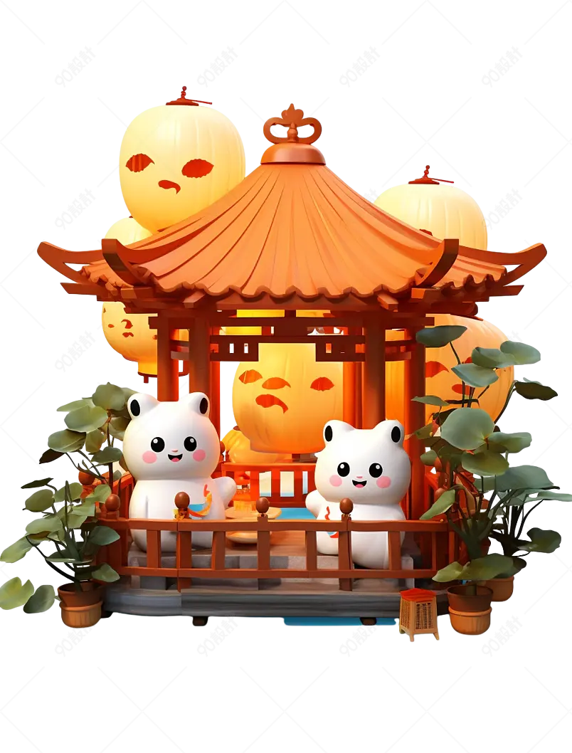 3d渲染橙色中元节中式建筑凉亭鬼怪猫咪灯笼元素