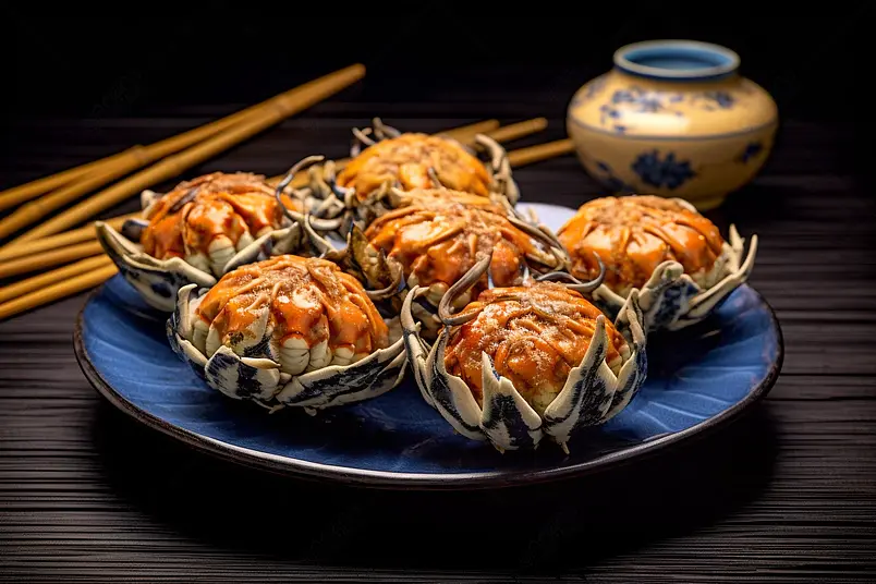 中国风木桌上的饱满大闸蟹