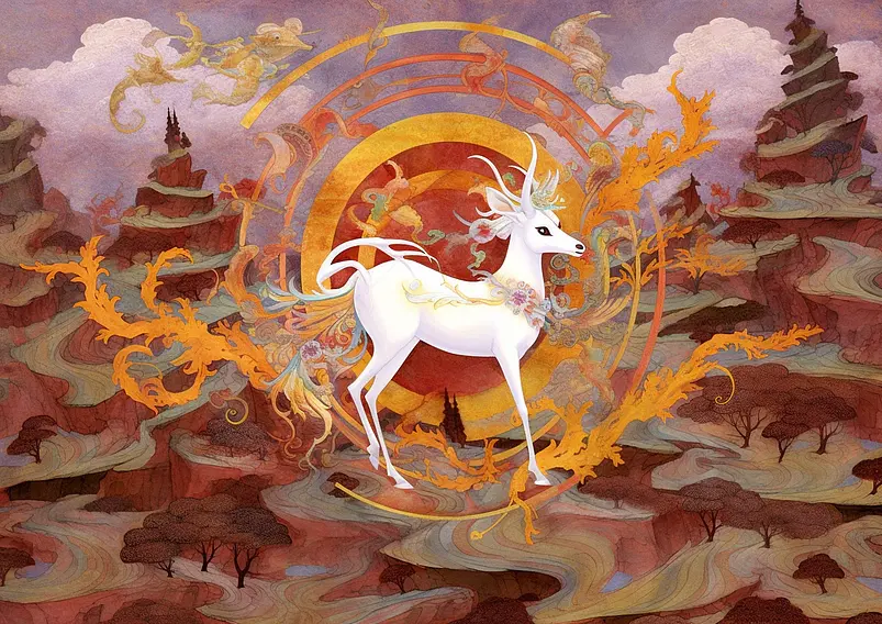 手绘烫金中国风九色鹿国潮插画