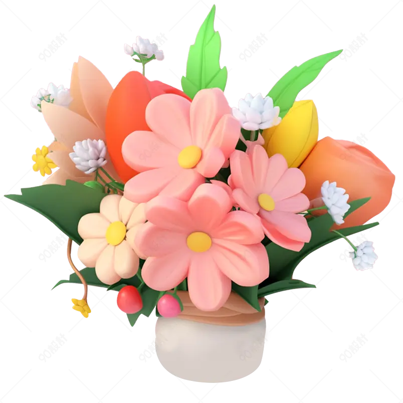 花朵花卉花束花瓶3D渲染立体免抠素材图