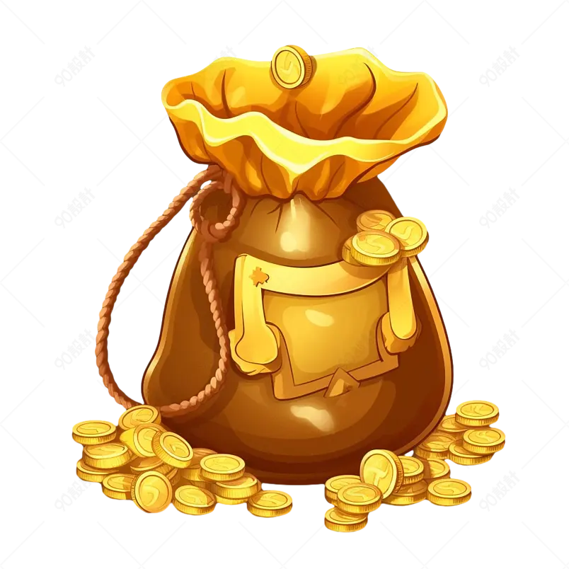 棕色抽绳绑紧金币钱袋袋子手绘装饰元素