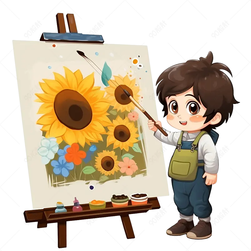 卡通手绘男孩画画场景素材