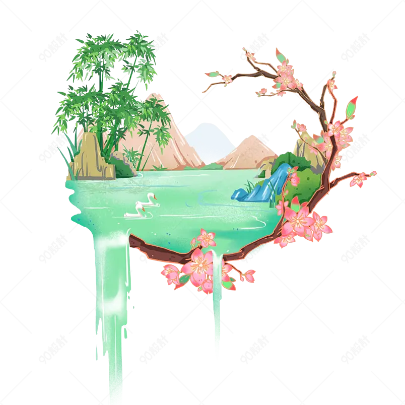 国潮山脉卡通装饰古代河流山脉元素