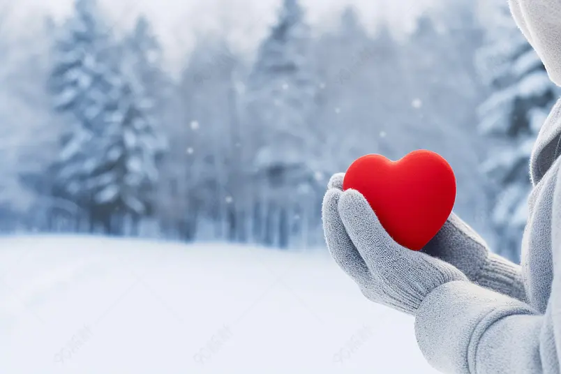 冬季寒冷戴手套拿爱心节日装饰实拍摄影图