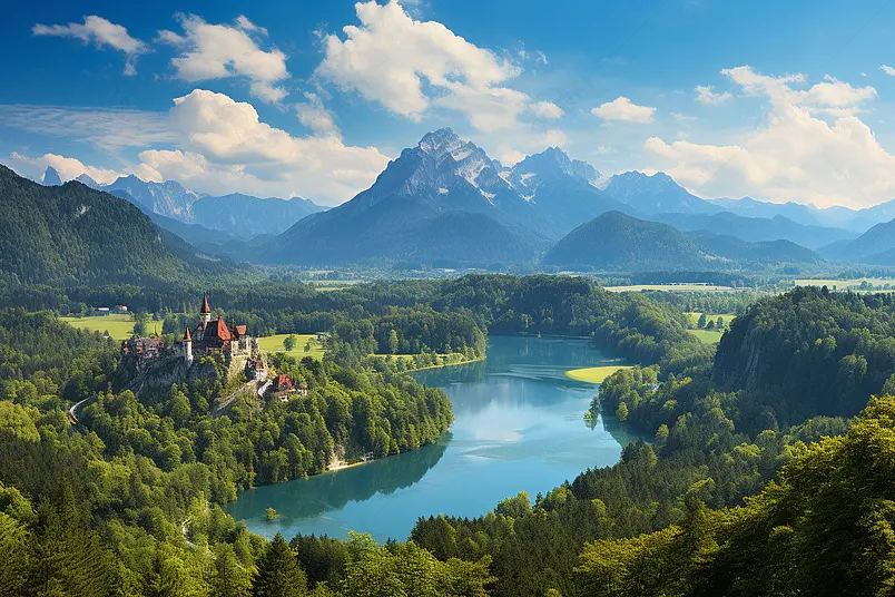 霍亨施万高城堡和大惊小怪巴伐利亚德国在一个美丽的夏天日子里