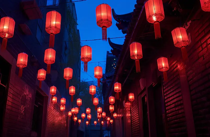 传统习俗新年元宵节挂在户外的红色灯笼