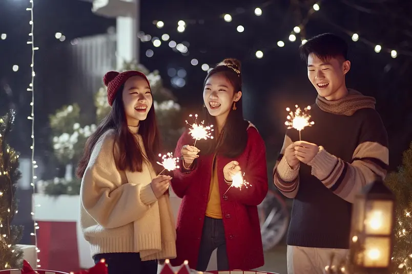 夜晚圣诞节青年派对聚会放烟花