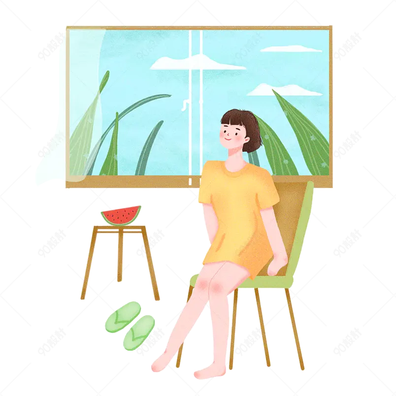 手绘清新夏天风扇立夏节气插画女孩