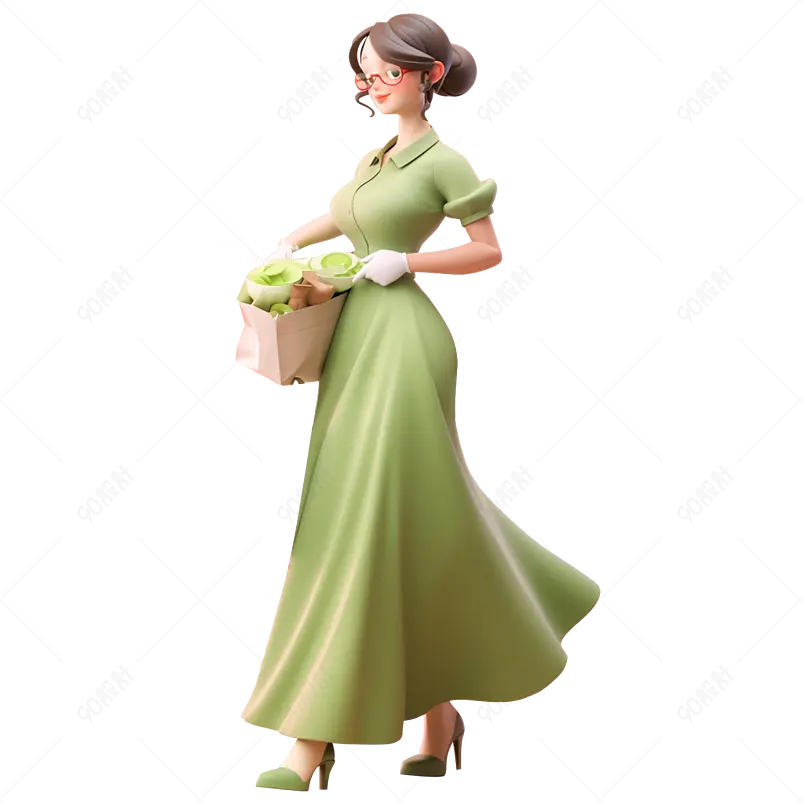 上街购物买菜的家庭主妇3D立体渲染免抠素材图