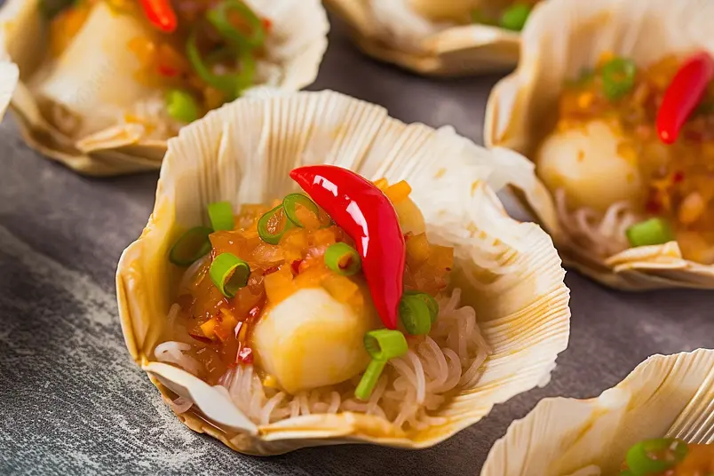 特写拍摄蒜蓉粉丝蒸扇贝