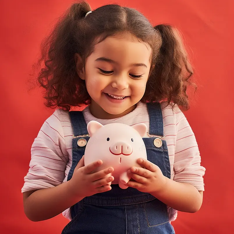 小女孩，兴奋的和储蓄罐里的钱计划，理财或未来投资孤立的红色背景。微笑，快乐的孩子和现金箱在财务成长或预算学习