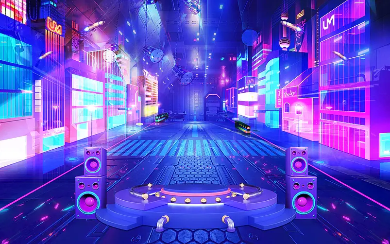 紫色城市霓虹灯炫酷科技感618年中大促全屏海报背景