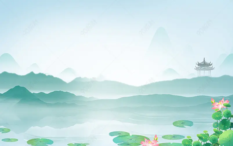 蓝色山水意境中国风立夏节气展板背景