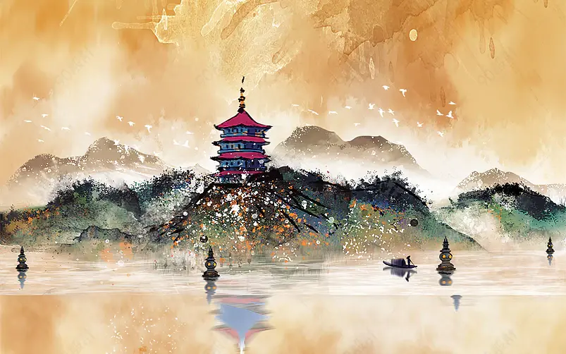  金色中国风手绘风景山水插画背景设计