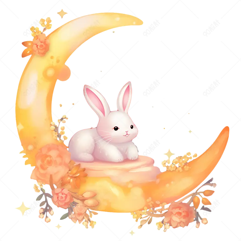 中秋趴在月亮和花花上的可爱玉兔