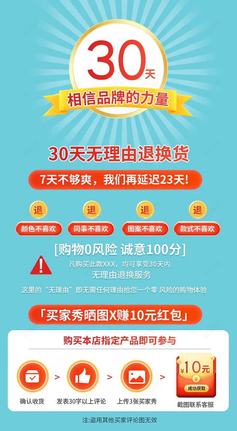 蓝色简约大气清新店铺售后服务30天无理由退换货买家秀