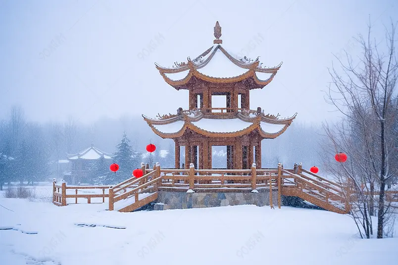 东北雪乡雪中两层八角亭摄影