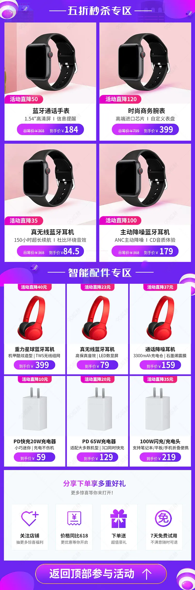 蓝色简约设计手机配件充电头耳机详情推荐TOP热卖榜产品框营销模块关联销售
