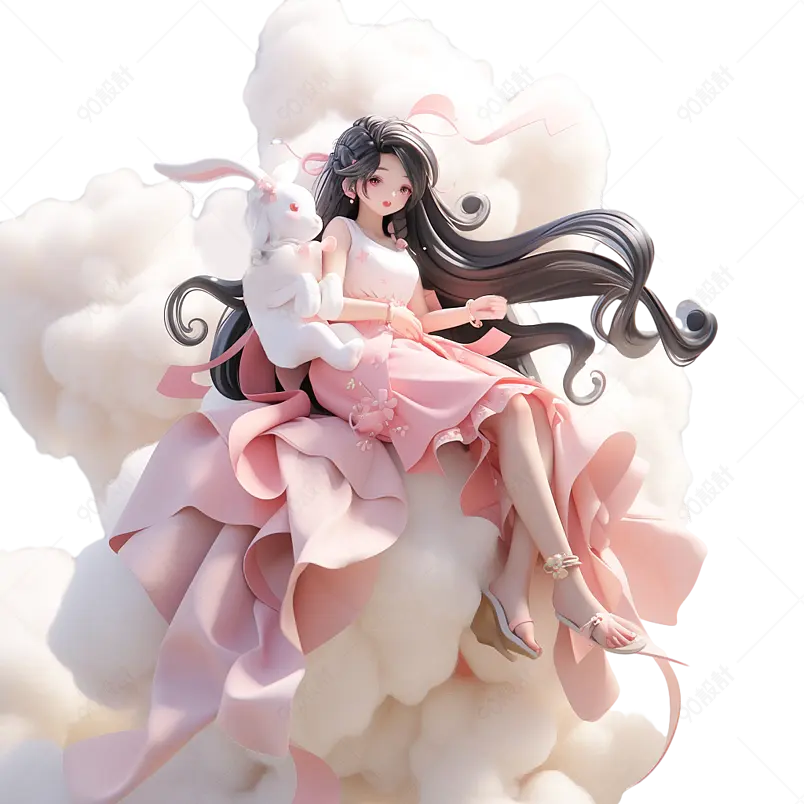 C4D坐在云朵上的嫦娥洁白玉兔白云云彩