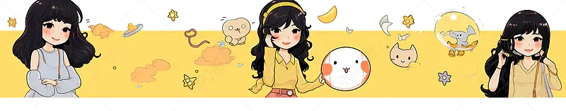清新色系中秋节系列可爱卡通小女孩与兔子线条色块元素