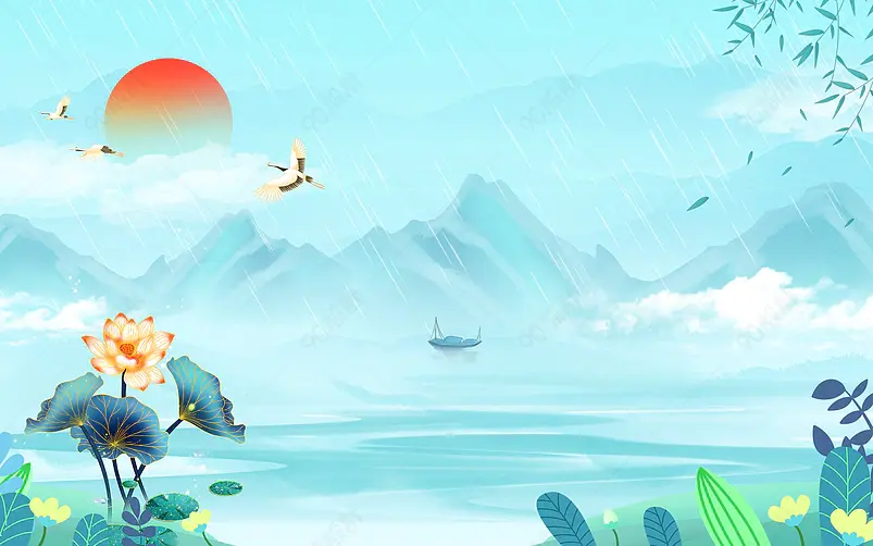 水墨中国风青山绿水莲花飞鹤夏日背景