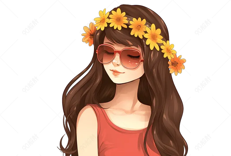 向日葵时尚漂亮墨镜女孩温暖治愈