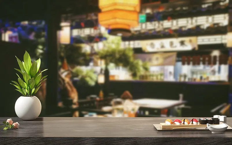 C4D日式料理餐桌桌面模糊背景