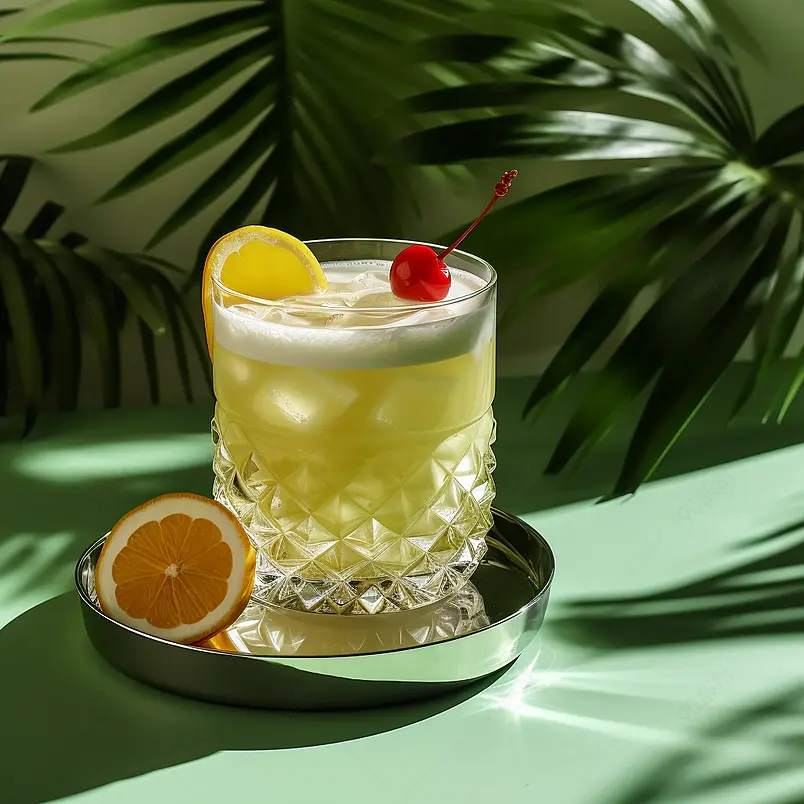 威士忌酸时髦酒精鸡尾酒，波本威士忌，柠檬汁，蛋清和冰块，玻璃杯中明亮的绿色背景，硬光，棕榈叶的阴影图案