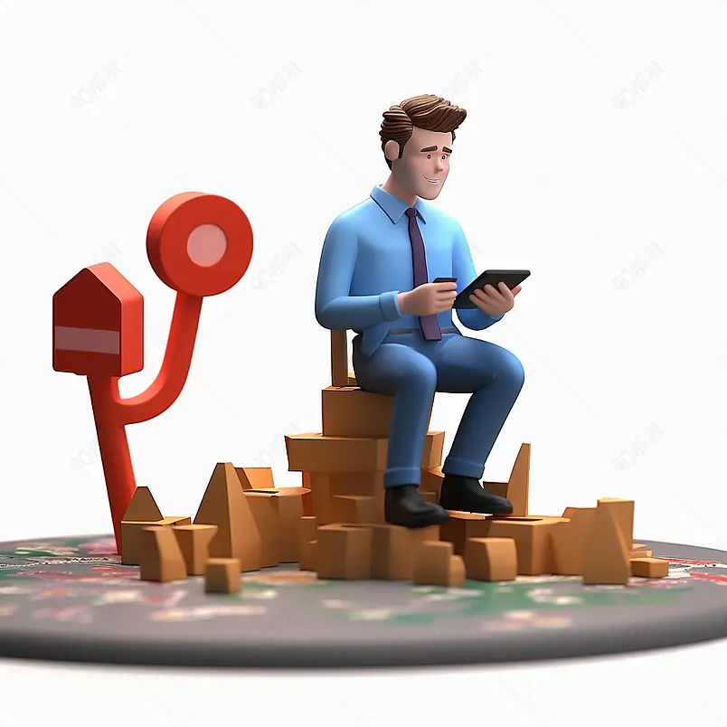 微笑的亚洲男子菲利克斯使用智能手机旁边的地图大头针的3D插图，白色背景上的3D渲染