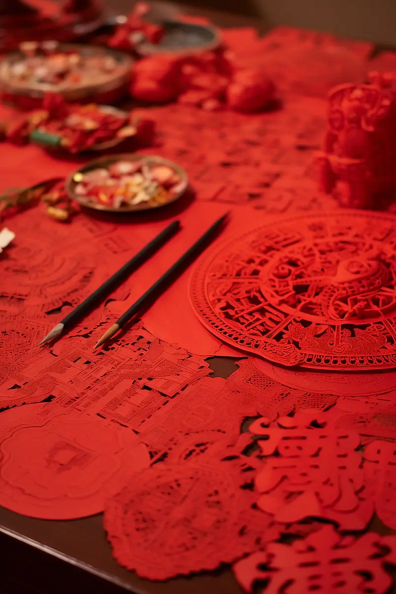 传统手艺福字剪纸窗花和剪刀静物