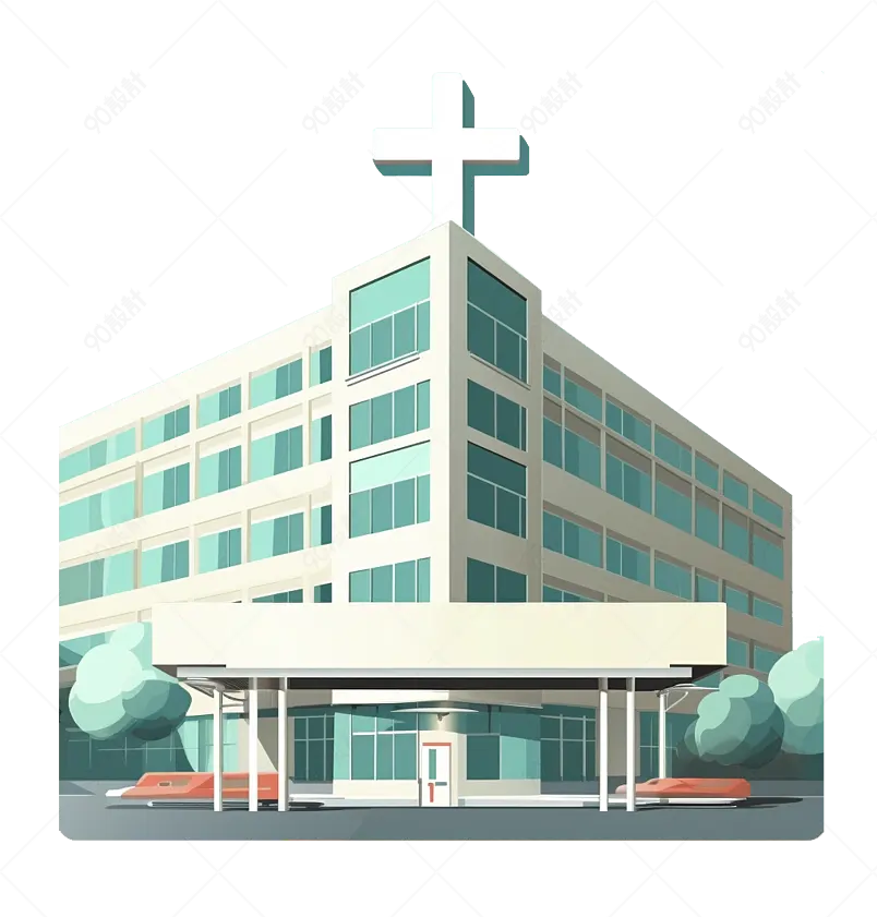 绿色手绘风医院门诊建筑救护车绿植大树插画元素