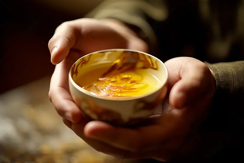 藏红花虫草牛蒡茶手捧茶杯