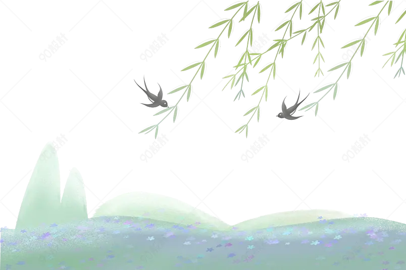 春天春季 树叶叶片 柳树枝条 草地山 燕子