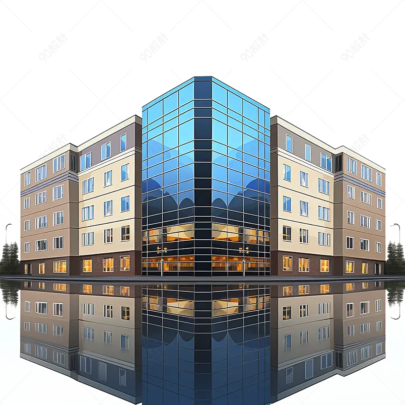蓝色手绘风商务楼办公楼大楼建筑写字楼投影倒影元素